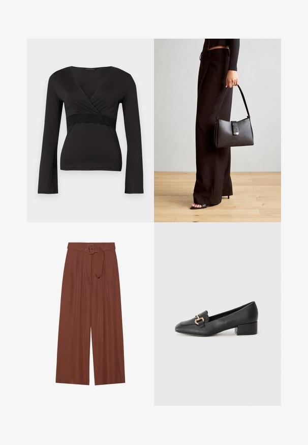 Black long-sleeve wrap top with V-neckline and lace trim under the bust, fitted silhouette.; Wide-leg trousers in brown fabric, featuring a belt with a square buckle, pleated design, and smooth texture.; Black leather loafers with a flat heel, featuring a decorative gold hardware detail on the front and a smooth texture.; Black handbag with structured shape, smooth texture, and a metallic clasp. Paired with wide black pants and open-toe sandals on wooden floor.