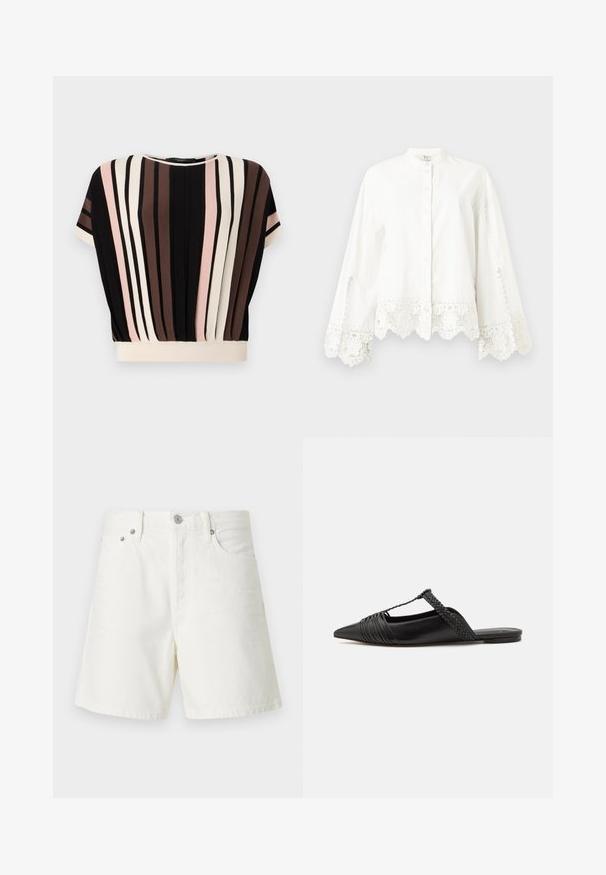 Short-sleeve top with vertical stripes in black, cream, pink, and brown. Features a rounded neckline and relaxed fit with a cream hem.; White long-sleeve button-up shirt with lace trim on cuffs and hem, featuring a mandarin collar and subtle decorative stitching.; White denim shorts with a straight cut, five-pocket design, front button closure, silver hardware, and stitched detailing.; Black leather slingback shoe with a pointed toe, featuring a woven accent and pleated upper design. Flat sole with minimal hardware.