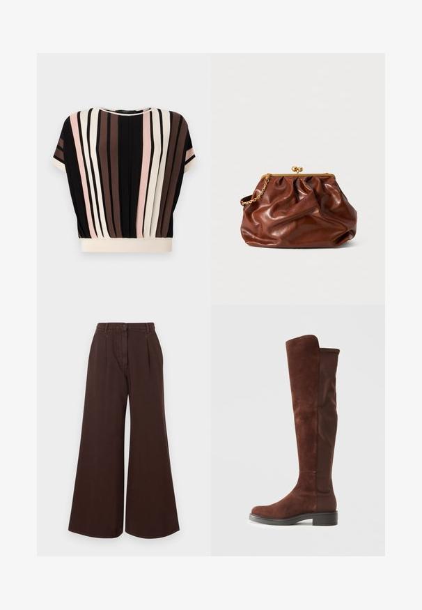 Kratka majica s kratkimi rokavi z navpičnimi črtami v črni, krem, roza in rjavi barvi. Ima zaobljen ovratnik in sproščen kroj z kremasto obrobo.; Svetle rjave hlače širokega kroja z visokim pasom, z zaponko in zadrgo, z zankami za pas in sprednjimi gubami.; Visoka rjava z vodoodpornim materialom in tkanino, z nizkim črnim peto in zaobljenim nosom, prikazana v bočnem pogledu na eni barvni beli podlagi.; Rjava usnjena torba s zlatim zapirnom okvirom in kratko zlatno verižico, ki ima mehak, nabran videz na belem ozadju.