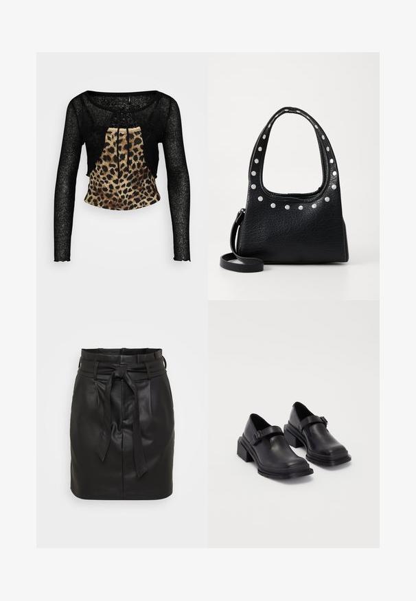 Top scurt negru cu mânecă lungă, realizat dintr-un material texturat și semi-transparent, cu un panou din față cu imprimeu leopard. Dispune de un șnur de strangulare la decolteu.; Fustă mini din piele neagră, cu talie înaltă, având un cordon de legare în față și o textură netedă. Design minimalist, fără modele suplimentare.; Pantofi din piele neagră cu vârf rotunjit, talpă plată și o curea cu detaliu de cataramă. Toc gros pentru o stabilitate suplimentară.; Geantă din piele texturată neagră, cu bolțuri argintii de-a lungul marginii superioare și a mânerei, având o mână scurtă și o curea detasabilă.