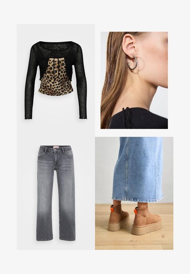Černý dlouhý rukáv crop top s texturovanou, průhlednou tkaninou a předním panelem s leopardím potiskem. Obsahuje stahovací šňůrku na výstřihu.; Šedé džíny z denimu se středně širokým střihem, stylem s pěti kapsami, jemným vyblednutím a zapínáním na knoflík v pase.; Hnědé semišové platformové boty s elastickými bočními panely a oranžovými poutky, spárované s sukní z jasného denimu ke kolenům na dřevěné podlaze.; Stříbrný kruhový náušník s lesklým povrchem, zdobený malými zlatými akcenty, v kulatém tvaru, nošený na lalůčku.