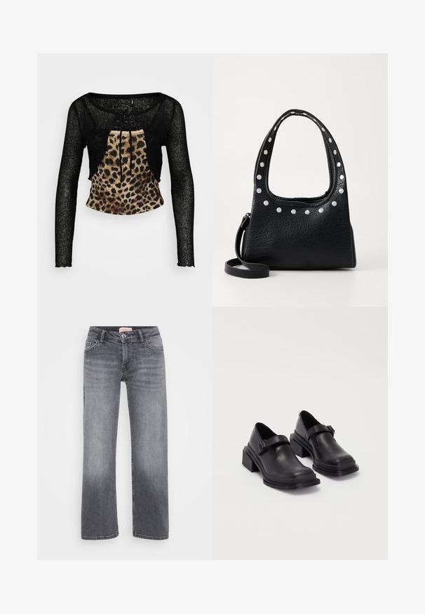Čierny dlhý rukáv s krátkym strihom z textúrovaného, priesvitného materiálu a predným panelom s leopardím vzorom. Obsahuje šnúrku na viazanie pri výstrihu.; Sivé džínsy s rovnými legami, pätkový strih, jemné vyblednutie a gombíkový uzáver v páse.; Čierne kožené topánky s okrúhlou špičkou, plochou podrážkou a remienkom s detailom pracky. Hrubý blokový opätok pre väčšiu stabilitu.; Čierna kožená kabelka s textúrou a striebornými cvokmi pozdĺž hornej hrany a na uchách, so krátkym uchom a odnímateľným popruhom.; Strieborná kruhová náušnica s lesklým povrchom, obsahujúca malé zlaté akcenty a okrúhly tvar, nosená na lalôčiku ucha.