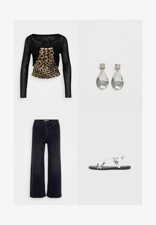 Zwarte lang mouwen cropped top van een gestructureerde, meer doorzichtige stof met een luipaardprint op het voorpaneel. Bevat een trekkoord bij de halslijn.; High-waisted zwarte wijde broek met een vijfknops sluiting aan de voorkant, robuust denim stof en zichtbare stiksels op de zakken.; Zilveren metallic sandalen met een minimalistisch ontwerp, met dunne banden en een zwarte platte zool. Kenmerken zijn de kruisbandsaccenten.; Zilveren druppeloorbellen met een vierkante stud, voorzien van een gladde, gepolijste afwerking en een druppelvorm, die het licht weerspiegelt met een glanzend oppervlak.