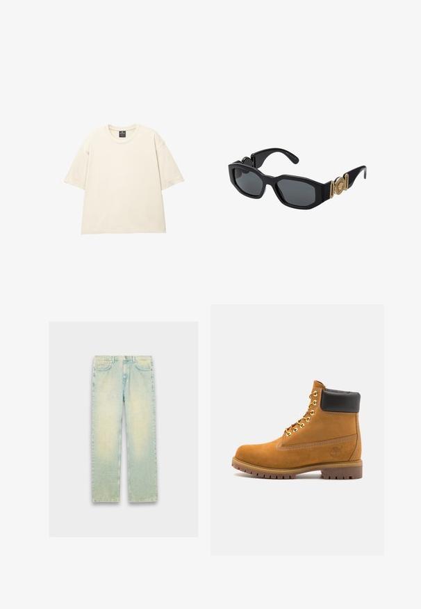 Oversized beige T-shirt gemaakt van zachte katoen, met een ronde hals, korte mouwen en een schone, eenvoudige stiksels. Geen patronen of grafische elementen.; Lichtblauwe denim jeans met een losse pasvorm, voorzien van vijf zakken, een ritssluiting en een vervaagde afwerking langs de dijen en knieën.; Tan suède enkelboot met zwart gevoerd kraagje, gouden metalen oogjes, witte stikdetails en een robuuste rubberen zool met uitgesproken profiel.; Zwarte zonnebril met een stevige geometrische rand, donkere lenzen en gouden metalen accenten op de pootjes, voorzien van een rond embleemdetail.