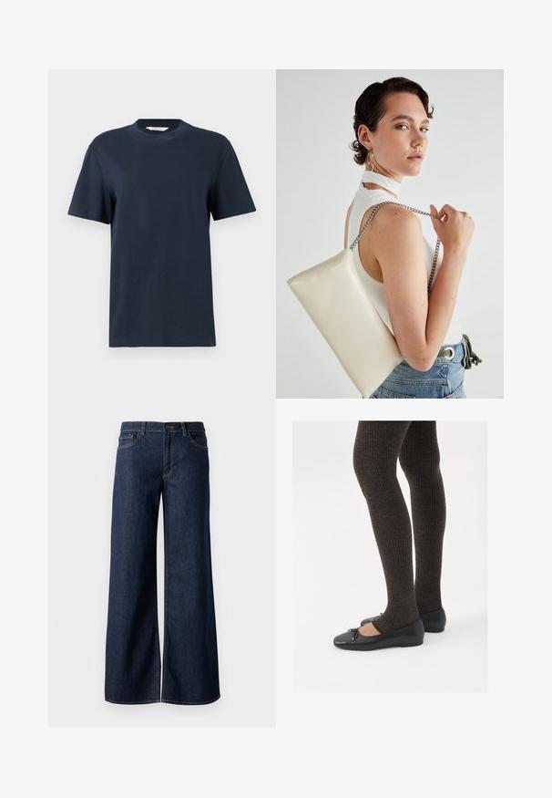 Tricou bleumarin cu mânecă scurtă, fabricat din bumbac, având un decolteu rotund și o croială lejeră, cu detalii minime.; Jeanși cu picioare largi din denim albastru închis. Prezintă cusături contrastante, cinci buzunare și o închidere cu nasture la talie. Textură netedă.; Pantofi negri cu un detaliu mic de fundiță la vârf, asortați cu colanți maro închis, cu textură ondulată. Pantofii au o textură netedă și un profil joase.; Geantă de clutch rectangulară albă, realizată dintr-un material lucios, având o curea de lanț argintie. Modelul pozează, evidențiind geanta pe un fundal simplu.