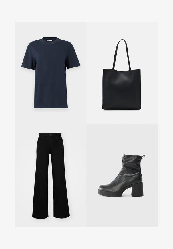 Navy blue short-sleeve T-shirt made from cotton, featuring a round neckline and a relaxed fit with minimal detailing.; Black wide-leg pants made of denim, featuring a structured waistband, belt loops, and front pockets. Smooth texture with a classic design.; Black ankle boots made of smooth leather, featuring a side zipper, chunky textured heel, and rounded toe design.; Black leather tote bag with smooth texture, rectangular shape, and two long handles. No visible hardware or embellishments.