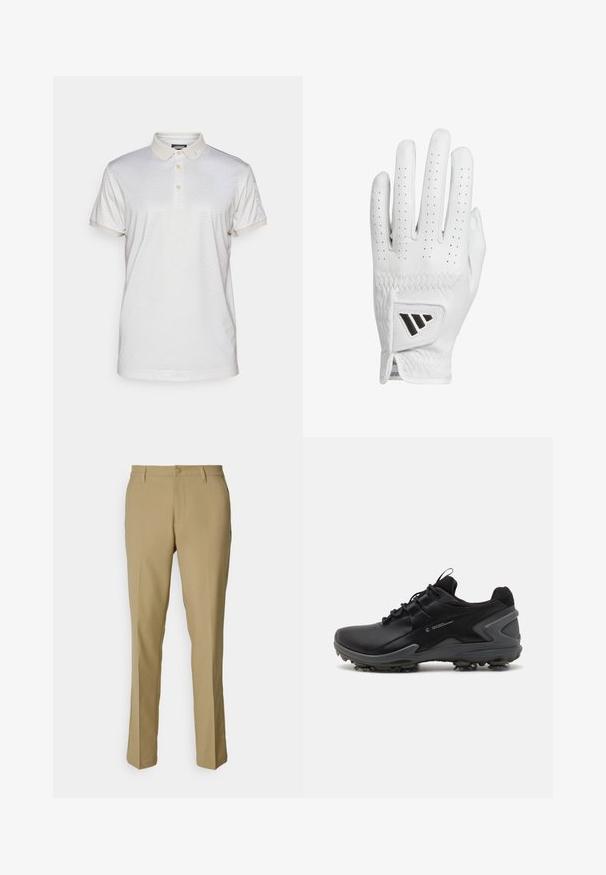Šviesiai smėlio spalvos polo marškiniai su subtiliu geometriniu raštu. Yra trijų mygtukų užsegimas ir sukurtos rankovės, pagaminti iš minkštos medžiagos.; Šviesiai rudos kelnės, pagamintos iš lygaus audinio, su klasikinio dizaino, tiesiomis kojomis, mygtukų uždarymu ir dviem šoninėmis kišenėmis.; Juodi sportiniai batai su lygia sintetine apatine dalimi, tekstūruota tinklelio apykakle ir guminiu padu, kuriame yra formuoti sukibimo smaigaliai.; Balta odinė golfo pirštinė su perforuotais pirštais, tekstūruota siūlė ir juodu akcentu logotipu ant riešo. Laimingo dizaino slim fit, skirtas geresniam sukibimui.