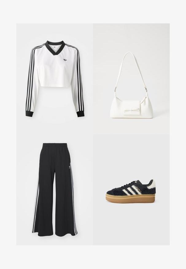 Hvit langermet cropped topp med svart V-hals, kontrasterende svarte mansjetter og tre svarte striper på hver erm. Lite logo på brystet.; Svart vide joggebukser med elastisk midjebånd, med hvite sidestriper og brodert logo på venstre lår.; Svarte, shaggy joggesko med hvite striper og gullskrift, med tykk gummisåle og teksturert overdel. Akkompagnert av en lodden bakdel.; Hvit syntetisk håndveske med trekantet form, flat klaff foran og sløyfe detaljer, justerbar stropp, glatt tekstur og minimalistisk design.