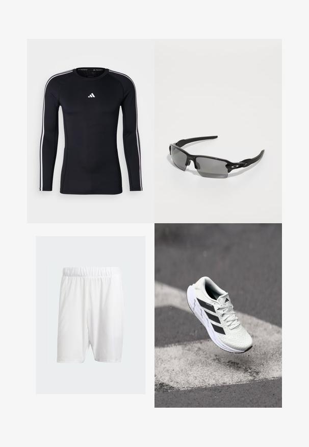 Black long-sleeve athletic shirt with a fitted design. Features a white Adidas logo on the chest and white stripes along the shoulders.; White athletic shorts made of lightweight fabric, featuring an elastic waistband, smooth texture, and knee-length cut.; White athletic shoe with textured mesh upper, black stripes, lace closure, and a cushioned sole, levitating above a marked road surface.; Black sports sunglasses with gray lenses, a curved frame design, and logo detail on the side. Made from lightweight plastic material.