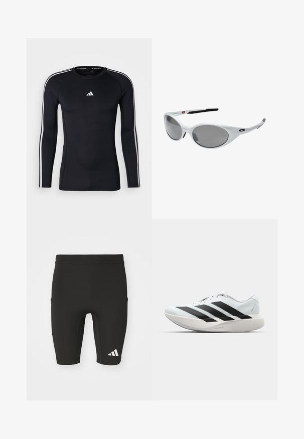 Czarna, długą rękaw sportowa koszulka o dopasowanym kroju. Posiada białe logo Adidas na klatce piersiowej oraz białe paski wzdłuż ramion.; Czarne spodenki sportowe o dopasowanym kroju, wykonane z elastycznego materiału. Posiadają trzy kieszenie oraz białe logo Adidas na dolnej części nogawki.; Lekkie buty do biegania w jasnoniebieskim kolorze z czarnymi pasami. Posiadają gładką cholewkę, okrągły nosek oraz grubą białą podeszwę środkową oznaczoną "LIGHTSTRIKE PRO."; Białe plastikowe okulary przeciwsłoneczne z dużymi owalnymi soczewkami o szarym zabarwieniu. Posiadają czarne wkładki na uszy oraz małe logo na ramce. Gładkie wykończenie.