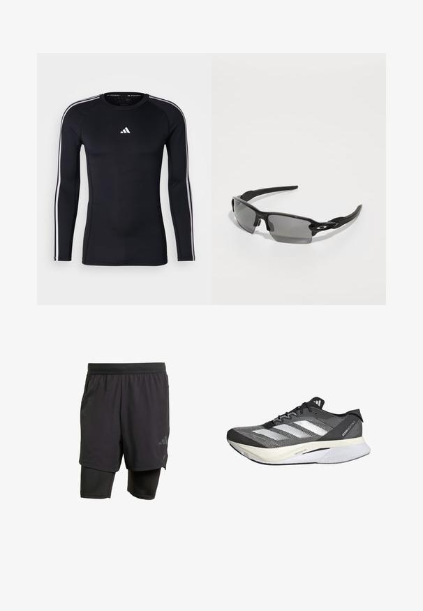 Czarna, długą rękaw sportowa koszulka o dopasowanym kroju. Posiada białe logo Adidas na klatce piersiowej oraz białe paski wzdłuż ramion.; Czarne spodenki sportowe z wbudowaną wewnętrzną warstwą, wykonane z oddychającego materiału. Posiadają subtelne logo oraz strukturalną fakturę. Regulowany pas.; Czarno-biała sportowa obuwie z siateczkową cholewką, z trzema białymi paskami, wyrazistą podeszwą oznaczoną "LIGHTSTRIKE PRO" oraz aerodynamicznym designem.; Czarne sportowe okulary przeciwsłoneczne z szarymi soczewkami, zakrzywioną konstrukcją ramy i detalem z logo z boku. Wykonane z lekkiego materiału plastikowego.