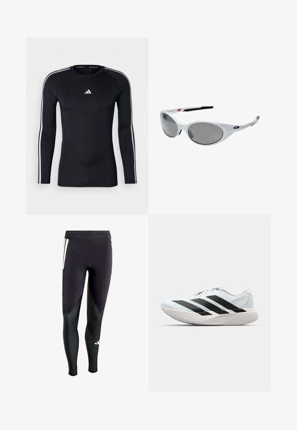Crna dugorukava atletska majica s uskim krojem. Ima bijeli Adidas logo na prsima i bijele crte duž ramena.; Crne atletske tajice s teksturiranim donjim dijelom tkanine koji ima male bijele točkice. Uključuju bočnu džep i kontrastni panel dizajn.; Lagane tenisice za trčanje u svijetloplavoj boji s crnim trakama. Imaju glatku gornju površinu, okrugli vrh i debeli bijeli srednji sloj označen "LIGHTSTRIKE PRO."; Bijele plastične naočale za sunce s velikim ovalnim lećama, sivo zatamnjene. Imaju crne uške i mali logotip na okviru. Glatka površina.