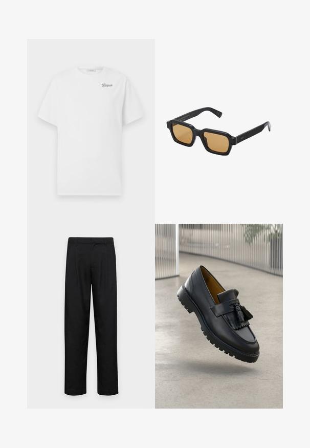 Balta medvilninė marškinėliai trumpomis rankovėmis, su apvalia iškirpte, kairėje krūtinės pusėje esantis juodas "Pompeii" logotipas. Minkšta, lygiai tekstūra.; Juodi kelnių modeliai, pagaminti iš lygios medžiagos, turi tiesią kojas, du priekiniai klostės ir standartinę juosmenį su diržo kilpomis.; Juodas odinis loaferis su kutais, lygia apdaila ir guma su sukibimo briaunomis. Viduje pamušalas kontrastinės rudos spalvos.; Nepavyko sugeneruoti alt-teksto