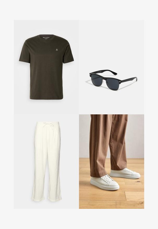 Tmavě olivově zelené bavlněné tričko s kulatým výstřihem, krátkým rukávem a malým bílým logem "MOP" na hrudi. Hladká textura.; Lněné kalhoty v odstínu slonové kosti s páskem na stažení, mírně širokými nohavicemi a ohrnutými lemy pro uvolněný fit. Bez kapes.; Osoba v bílých texturovaných nízkých teniskách a volných hnědých kalhotách, stojící na světle dřevěné podlaze.; Černé sluneční brýle s obdélníkovým tvarem, tmavými skly, stříbrnými akcenty na spáncích a matným povrchem rámu.