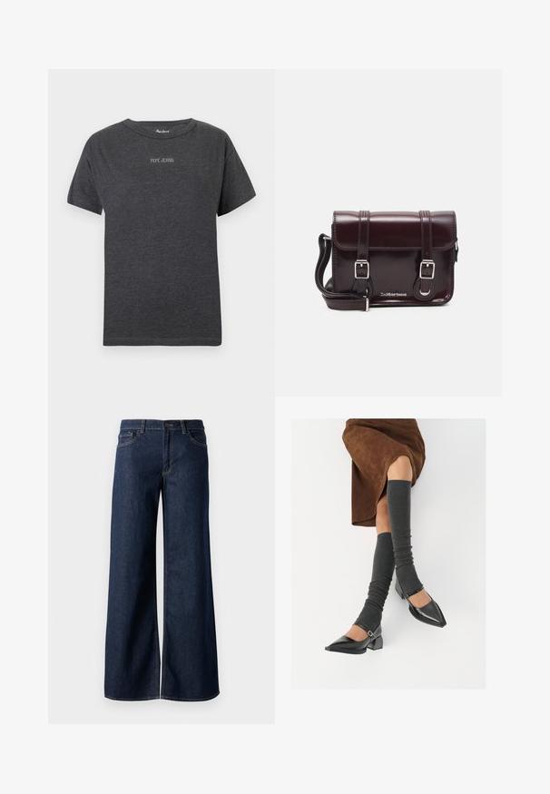 Tmavě šedé tričko s krátkým rukávem s textem "PEPE JEANS" v malých bílých písmenech umístěným uprostřed hrudi a kulatým výstřihem.; Džínsy s širokými nohavicemi v tmavě modré barvě. Mají kontrastní švy, pět kapes a zapínání na knoflík v pase. Hladká textura.; Černé lakované boty s špičatou špičkou, blokovým podpatkem a kotníkovým páskem, spárované s šedými žebrovanými návleky na nohy a hnědskou sukní z semiše.; Burgundská lakovaná křížová taška obdélníkového tvaru, se dvěma popruhy, stříbrnými kovovými doplňky a klopovým uzávěrem.