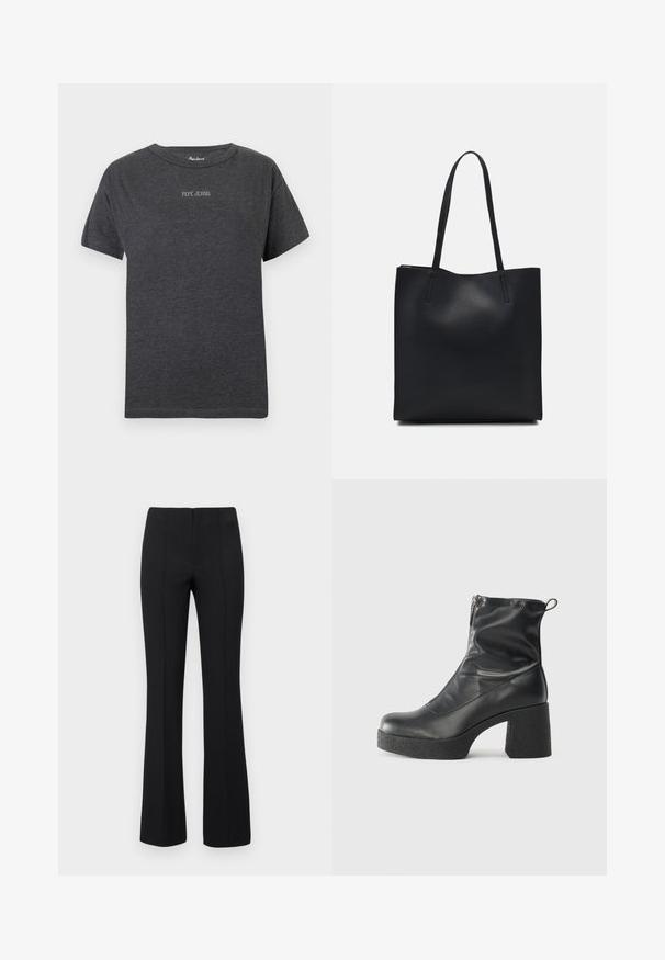 Tricou scurt, gri închis, cu mânecă scurtă, având textul "PEPE JEANS" scris cu litere albe mici, centrat pe piept și guler rotund.; Pantaloni negri evazați cu o textură nervurată și talie ajustată. Designul include cusături verticale pentru un aspect elegant. Fără hardware vizibil.; Bocanci negri de glezna din piele netedă, cu fermoar lateral, toc texturat și masiv, și design cu vârf rotund.; Geantă tote neagră din piele, cu textură netedă, formă rectangulară și două mânere lungi. Fără hardware vizibil sau ornamente.