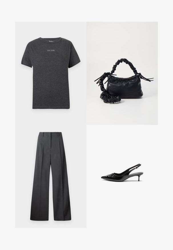 Sötétszürke, rövid ujjú póló, középen, a mellrészen, kis fehér betűkkel "PEPE JEANS" felirattal és kerek nyakkivágással.; Széles szárú nadrág sötétszürke anyagból, magas derekú, egyes redőkkel, sima textúrával és tiszta befejezéssel a szegélyeken.; Fekete bőrből készült slingback magassarkú cipők hegyes orral, kis francia sarokkal és díszes csomóval az elején. Az egész felületen sima textúra.; Fekete műbőr kézi táska krokodil bőr textúrával, összehúzható tetejű és gyűrt pánttal. Lágy és kompakt dizájnúnak tűnik.