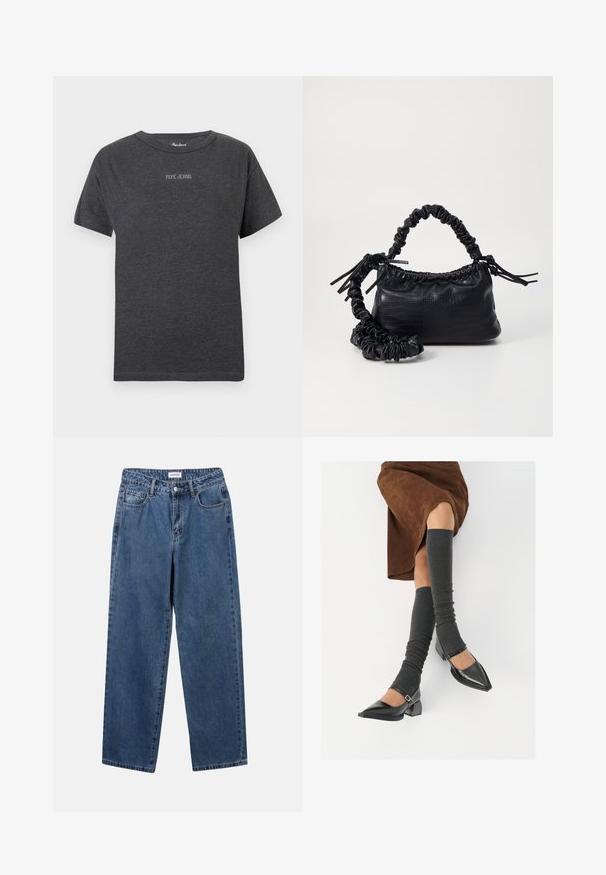 Mørkegrå t-skjorte med kort erm og "PEPE JEANS"-tekst i små hvite bokstaver sentrert på brystet og rund utringning.; Klassiske blå denimjeans med rett ben-design, fem lommer og knappelukking. Har en middels vask og solid tekstur.; Sorte lakkpumps med spiss tå, blokkhel, og ankelstropp, kombinert med grå ribbestrikkede beinvarmere og et brunt semsket skinn skjørt.; Svart faux skinn-håndveske med krokodilletekstur, strammet topp og en rynket stropp. Ser myk og kompakt ut i designen.