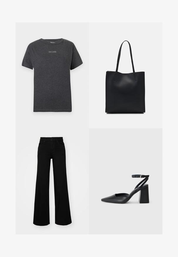 Temno siva kratka majica z rokavi s tekstom "PEPE JEANS" v majhnih belih črkah, centrirana na prsih, in okroglo ovratnico.; Črne široke denim hlače s strukturiranim pasom, z zankami za pas in sprednjimi žepi. Gladka tekstura s klasičnim dizajnom.; Črne usnjene klasične čevlje z ostrim nosom, z zaponko za gleženj in debelim peto. Ravna tekstura, eleganten dizajn in minimalistična estetika.; Črna usnjena torba s svilnato teksturo, pravokotne oblike in dvema dolgima ročajema. Brez vidnih metalnih delov ali okrasnih elementov.