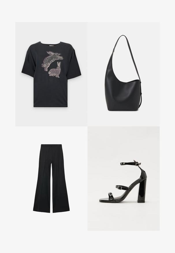 Zwarte katoenen T-shirt met een losse pasvorm, voorzien van een grafische afdruk van twee konijnen in wit en lichtpaars op de voorkant. Korte mouwen en ronde halslijn.; Zwarte wijde-pijpen broek met een gladde textuur, gekenmerkt door voorplooien en een op maat gemaakte uitstraling. De stof is lichtgewicht en vloeiend.; Zwarte gepatenteerde sandalen met hak en een vierkante neus, enkelbandjes en zilveren gespen. Heeft een stevige blokhak voor stabiliteit.; Zwarte leren hobo tas met een gladde textuur, kromme vorm en een enkele verstelbare schouderband; heeft een brede opening aan de bovenkant.