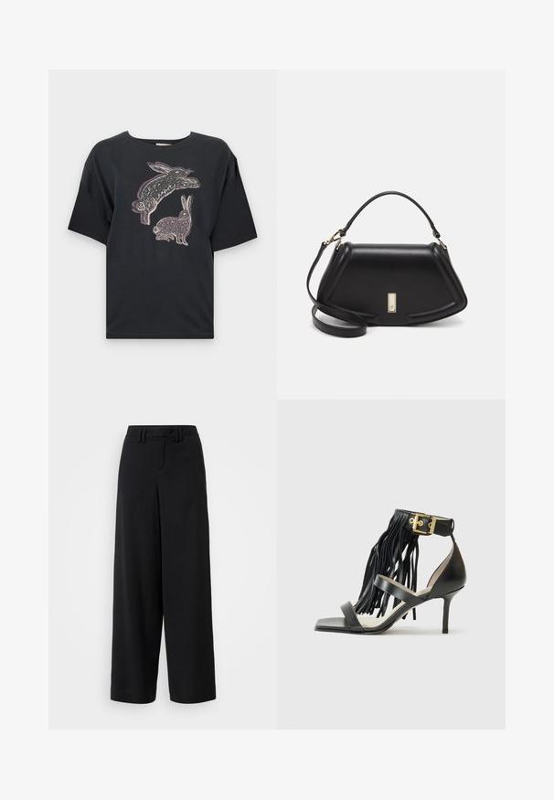 Black cotton t-shirt with loose fit, featuring a graphic print of two rabbits in white and light purple on the front. Short sleeves and crew neckline.; Black wide-leg trousers made of smooth fabric, featuring a flat-front design, pleated details, and belt loops at the waistband.; Black high-heeled sandal with fringed detail, ankle strap featuring gold hardware, flat square toe, and two crossing straps across the vamp.; Black leather handbag with a structured design, featuring a cropped shape, top handle, and gold hardware accent. Adjustable shoulder strap included.
