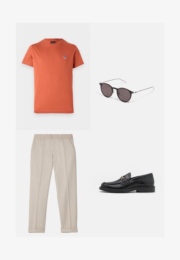 Tricou din bumbac portocalie cu mâneci scurte, guler rotund și un mic design brodat multicolor pe pieptul stâng.; Filippa K TERRY CROPPED TROUSERS - Pantaloni - sage melange; Loaferi din piele neagră cu vârf rotunjit, dotati cu accente aurii și detalii de cusătură, așezați pe o talpă joasă din cauciuc texturat.; Ochelari de soare negri rotunzi cu lentile întunecate și brațe metalice subțiri. Include vârfuri transparente pentru brate și accente argintii la balama. Design minimalist.