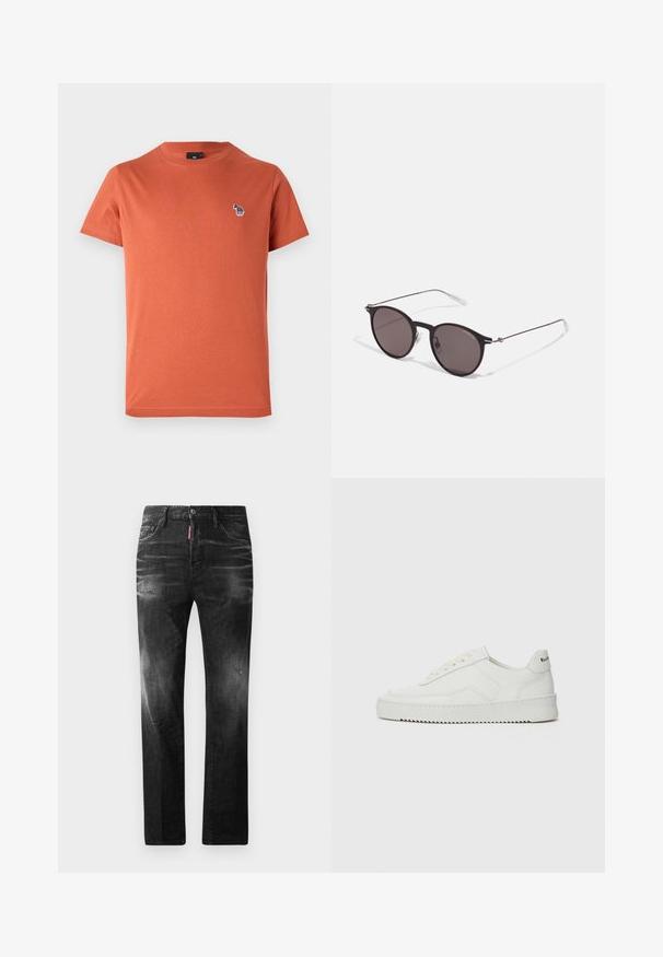 Orange cotton T-shirt with short sleeves, crew neck, and a small, multicolored embroidered design on the left chest.; Black denim jeans with a straight fit. Features faded areas, minor distressing, classic five-pocket design, and a button closure.; White leather sneaker with a smooth finish, round toe, flat laces, and a textured sole. Features a subtle logo on the heel.; Black round sunglasses with dark lenses and slim metal arms. Includes clear temple tips and silver accents at the hinge. Minimalist design.