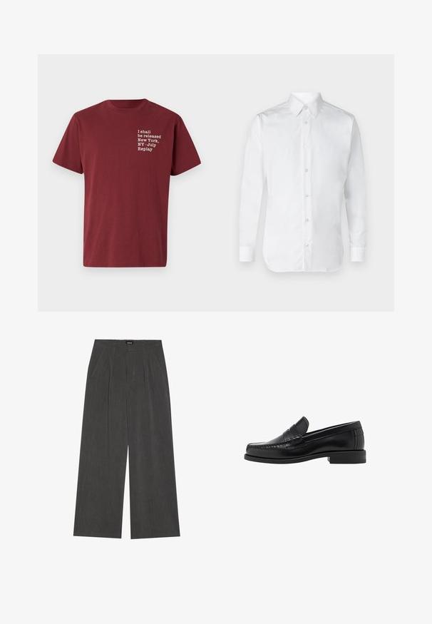Maroon cotton t-shirt with crew neck, short sleeves, and white text: "I shall be released New York, NY - July Replay" on the chest.; White button-up shirt with long sleeves, made of smooth cotton fabric, featuring a classic collar and subtle sheen. Five buttons down the front.; Wide-leg trousers in dark grey fabric, featuring a pleated front, two side pockets, and a flat waistband. Smooth texture and tailored design.; Black leather loafers with a smooth finish, stitched detailing on the toe, and a low heel design for comfort and style.