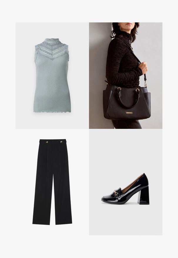 Bezrękawnik w jasnoszarym prążkowanym materiale z koronkowym wykończeniem, z falbaniastym dołem i warstwowym wzorem koronki na klatce piersiowej.; Czarne szerokie spodnie z wysokim stanem, z detalami w postaci guzików na pasku oraz plisami z przodu.; Czarne lakierowane szpilki z ostrym noskiem i słupkowym obcasem. Posiadają dekoracyjny pasek oraz detal klamry na cholewie.; Czarna torebka z teksturowanej powierzchni, podwójnymi uchwytami na górze i regulowanym paskiem na ramię. Posiada złote okucia i boczne kieszenie.