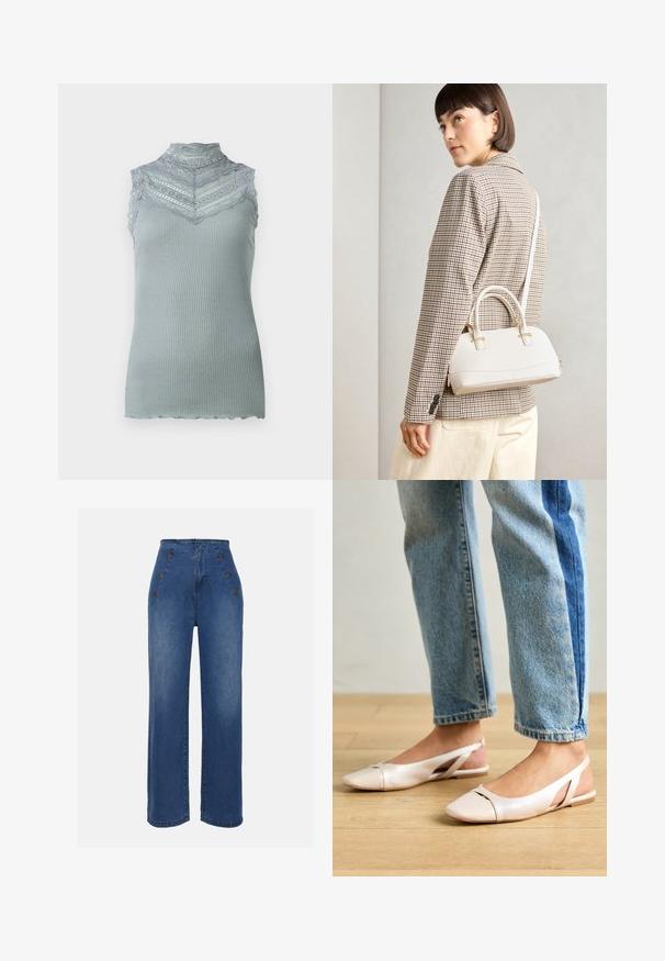 Kätseteta maksa särk heledast hallist ribatud kangast, millel on pitsikirmega äär ja laineline serv ning kihiline pitsimuster rinna piirkonnas.; Keskmise sinise värviga kõrge vöökohaga teksad. Omavad esipoolsete nööbiefekte ja laia jala disaini. Kanga tekstuur on sile ja kerge kulumisega.; Kahvatu roosa slingback lapikute jalatsite paar, millel on terav varvas, valmistatud siledast nahataolisest materjalist. Omab külgedel lõikekohti ja lapikut kontsa.; Valge struktureeritud käekott lühikeste käepidemete ja õlavööga, millel on kuldse riistvara aktsendid ja tekstuuriga materjal, eksponeeritud halli taustal.