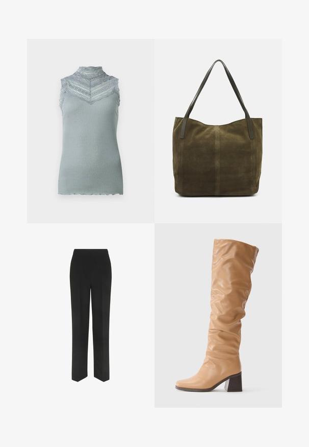 Ärmelloses Top mit Stehkragen aus hellgrauem Rippstoff mit Spitze, ausgestattet mit einem gewellten Saum und einem geschichteten Spitzenmuster über der Brust.; Schwarze Hose mit geradem Schnitt, versehen mit einem einfachen Bund und ohne sichtbare Taschen, präsentiert vor einem weißen Hintergrund.; Helle, schlichte Hintergrund mit einem hohen, hellbraunen Lederstiefel mit schlaffem Schaft, Blockabsatz, spitz zulaufender Zehenpartie und dunkler Sohle.; Olivgrüner Wildleder-Shopper mit zwei Ledergriffen, weicher Textur, genähten Details in der Mitte und offenem Design.