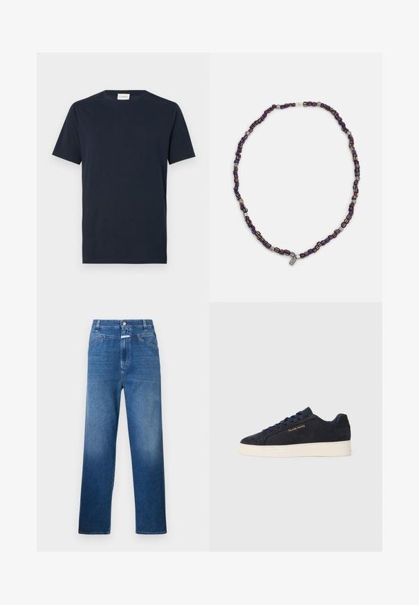 Mørkeblå kortærmet T-shirt lavet af blødt bomuld. Har en rund halsudskæring og et simpelt, rent design uden mønstre eller detaljer.; Blå denimjeans med lige ben, der har en knaplukning, bæltestropper og let falmning på lårene.; Mørkeblå ruskinds lavtop sneaker med hvid sål, mørkeblå snørebånd og "Filling Pieces" logo i guld på siden.; Flerfarvet perlekæde med mørkeblue, røde og gule perler, indarbejdet med sølvaccenter og en hængende charme.