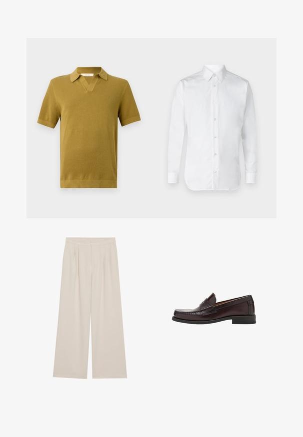 Polo cu mânecă scurtă de culoare galben muștar, având un tricot texturat, guler în formă de V și manșete și tiv ribelate.; Cămașă albă cu mâneci lungi, realizată dintr-un material de bumbac neted, cu un guler clasic și o ușoară strălucire. Cinci butoane pe față.; Pantaloni largi bej cu față plată, pliuri și bretele elastice. Construiți dintr-o țesătură ușoară, cu o textură netedă.; Loafers din piele brown, cu vârf rotund, cusături decorative în față și o talpă plată din cauciuc pentru susținere și durabilitate.
