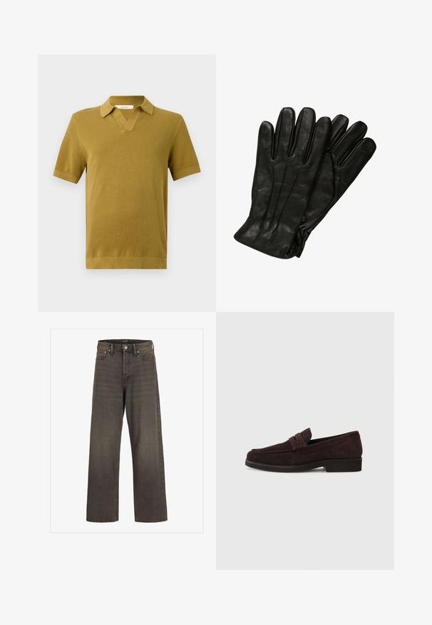 Polo de manga curta em amarelo mostarda, com um ponto texturizado, gola em V e punhos e bainha canelados.; Jeans de perna larga em denim cinza escuro, com cintura alta, design clássico de cinco bolsos e costura em contraste ao longo das costuras.; Mocassins de camurça castanhos com um perfil baixo e ponta arredondada. Apresentam uma faixa decorativa na parte superior, sola de borracha plana e sem costuras visíveis.; Luvas de couro preto com uma textura lisa, cinco dedos e detalhes de costura subtis. Design clássico, adequado para uso em clima frio.