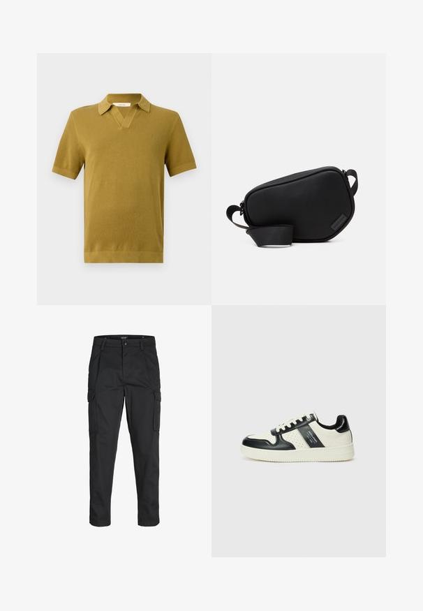 Poloko s krátkym rukávom v horčicovej žltej farbe, so štruktúrovaným pletením, výstrihom do V a rebrovanými manžetami a lemom.; Čierne cargo nohavice z odolnej látky, s viacerými vreckami, gombíkovým zapínaním a úzkym strihom so zúženými nohavicami.; Kožené tenisky v čierno-krémovej farbe, s perforovanými akcentmi, polstrovaným golierom a štruktúrovanou podrážkou.; Čierna, zipsom uzatváraná crossbody taška vyrobená z hladkého materiálu, s plochým tvarom, jedným popruhom a malým logom ako akcentom. Minimalistický dizajn.