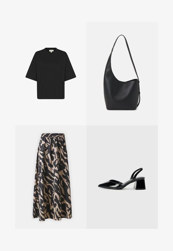 Sort oversized t-shirt i blødt stof, med rund hals og korte brede ærmer. Enkel design uden mønstre eller accenter.; Sort og beige lang nederdel med elastisk talje, der har et abstrakt dyreprint mønster og en let, flydende silhuet.; Sorte patentlæder slingback hæle med spids tå og en geometrisk blok hæl. Har et elegant, minimalistisk design og en glat tekstur.; Sort læder hobo taske med en glat overflade, buet form og en enkelt justerbar rem; har en bred åbning øverst.