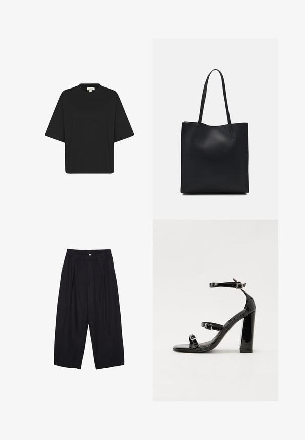 Čierne oversized tričko z hebkého materiálu, s okrúhlym výstrihom a krátkymi širokými rukávmi. Jednoduchý dizajn bez vzorov alebo akcentov.; Čierne polyesterové culotte nohavice s elastickým pásom, dvoma prednými záhybmi a voľným strihom. Žiadne viditeľné vzory ani detaily z kovu.; Čierne lakované sandále na podpätku so štvorcovou špičkou, navlečenými remienkami okolo členku a striebornými prackami. Disponujú masívnym blokovým podpätkom pre stabilitu.; Čierna kožená taška na rameno s hladkým povrchom, obdĺžnikovým tvarom a dvoma dlhými uchami. Bez viditeľného kovania alebo ozdôb.