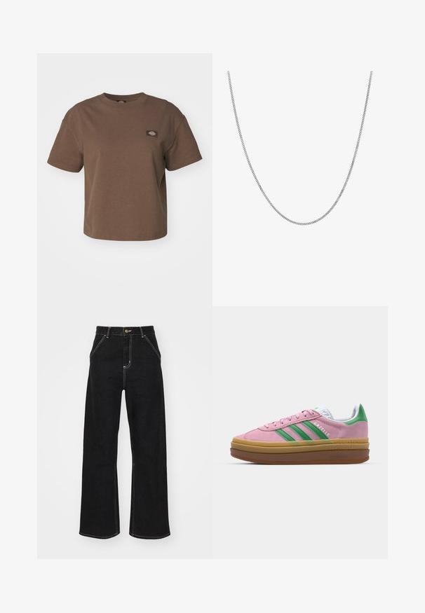Dickies OAKPORT BOXY TEE - T-shirt - bas - mushroom; Svarta vida jeans i denim, med kontrasterande vit sömnad och framknäppning, samt två snedställda framfickor.; Rosa mockaskor med gröna ränder, vita accenter och en brun gummisula. Har ett strukturerat tyg och logodetaljer på sidan.; Silverfärgad kedjehalsband med en slät, rund platt länkdesign. Har en blank yta och mäter cirka 50 centimeter i längd.