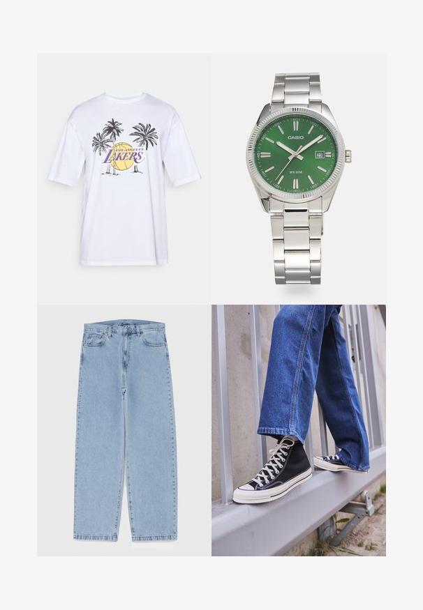 Bílý bavlněný tričko s fialovým logem "Los Angeles Lakers", grafikou palem a ilustrací pozadí s basketbalem.; Světle modré džíny s rovnými nohavicemi, středním pasem, pěti kapsami a zapínáním na knoflík a zip.; Černé vysoké tenisky s bílou podrážkou a tkaničkami, v kombinaci s volnými modrými džíny, odpočívající na šedém zábradlí.; Stříbrné nerezové hodin s kulatým zeleným ciferníkem, stříbrnými značkami hodin, zobrazením data a kovovým náramkem. Vodotěsné do hloubky 50 metrů.