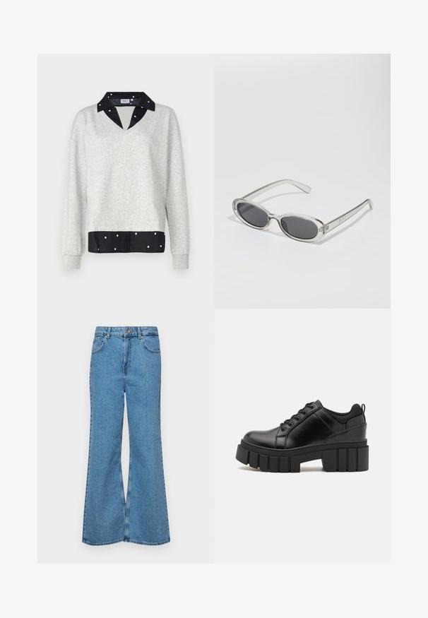 Pelēks krekls ar V veida kakla izgriezumu un garām piedurknēm, ar melnu punktiņu apakšu un apkakli, izgatavots no mīksta auduma.; Gaiši zili, platā piegriezuma džinsi, kas izgatavoti no denima, ar augstu jostasvietu, piecām kabatām un vienu pogu. Mīksta tekstūra ar nolietotu apdari.; Melnas ādas platformas kurpes ar masīvu bloku papēdi, apaļu purngalu un tradicionālu saistīšanas dizainu. Izceļas ar gludu tekstūru un minimālu apdari.; Saulesbrilles ar ovālu formu, caurspīdīgu plastmasas rāmi, tumši pelēkiem stikliem un plāniem caurspīdīgiem kātiem, kas satur logotipa akcentus un minimālu noformējumu.