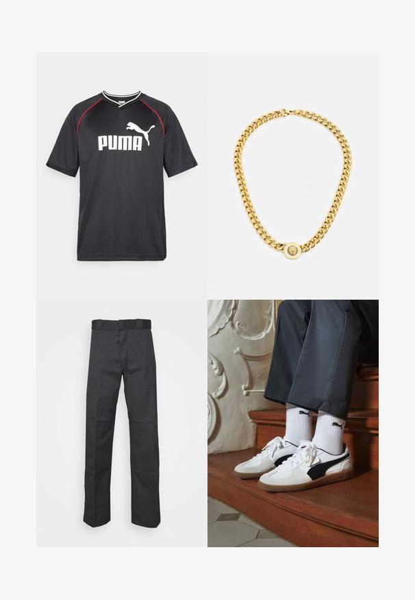 Musta Puma urheilupaita lyhyillä hihoilla, valkoinen logo, punaiset yksityiskohdat olkapäillä ja V-pääntie. Valmistettu kevyestä materiaalista.; Mustat pantsit kestävästä kankaasta, suoran lahkeen muotoilu, vyötärönauha, jossa on vyölenkit, ja saumat lisätekstuuria varten.; Puma-tenniset valkoisesta ja mustasta mokasta, joissa on ruskea kumipohja. Yhdistetty valkoisten sukkien kanssa, joissa on musta logo, tummien housujen kanssa.; Kultaketju, jossa on suuret toisiinsa kytkeytyvät lenkit, keskellä on pyöreä pendantin yksityiskohta, jossa on kohotettu emblem.