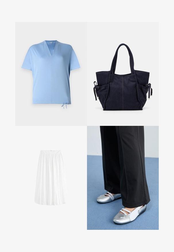Světle modrý top s krátkým rukávem a V-výstřihem a stahovacími lemy. Hladká textura a uvolněný střih, vhodný pro neformální nošení.; Bílá sukně po kolena vyrobená z lehkého materiálu. Má elastický pas pro přizpůsobení velikosti a jemné skládání.; Stříbrné a bílé ploché boty s křížovými pásky a texturovaným detailem, doplněné volnými černými kalhotami. Umístěno na modré podlaze.; Becksöndergaard LAUREL BAG - Velká kabelka - naval academy blue