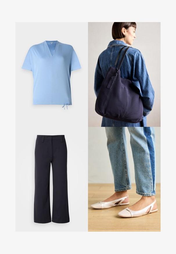 Light blue short-sleeve top with a V-neckline and drawstring hem. Smooth texture and relaxed fit, suitable for casual wear.; Wide-leg trousers in dark navy fabric. Features a flat front, belt loops, and side pockets. The material is smooth with a slight stretch.; Pale pink slingback flats with a pointed toe, made from a smooth leather-like material. Features cut-out details at the sides and a flat heel.; Navy canvas shoulder bag with a soft, structured shape, featuring a black strap, stitched detailing, and a small brand tag.