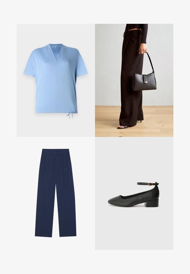 Lichtblauw kortmouwen top met een V-hals en trekkoordzoom. Gladde textuur en een relaxte fit, geschikt voor casual wear.; Navyblauwe wijde broek van zachte stof, voorzien van voorplooien, een gladde textuur en een rechte pasvorm zonder zichtbare zakken.; Zwarte leren pump met een spitse neus en een lage blokhak. Beschikt over een enkelband met een goudkleurige gespsluiting. Gladde textuur.; Zwarte handtas met gestructureerde vorm, gladde textuur en een metalen sluiting. Gecombineerd met brede zwarte broeken en sandalen met open teen op een houten vloer.
