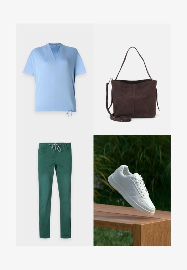Világoskék, rövid ujjú felső V-nyakkivágással és zsinóros aljjal. Simább textúra és laza fazon, alkalmas hétköznapi viseletre.; Zöld pamutkeverék nadrág egyenes szárajzással, húzózsinórral ellátott derékkal, és két első zsebbel. Simára kidolgozott textúra, minta nélkül.; Fehér sportcipő sima szintetikus felsőrésszel, perforált lábujjrész, lapos fűzőkkel és texturált talppal, fából készült felületen kihelyezve.; Barna velúrbőr táska puha tapintással, egyetlen vállpánttal és finoman ívelt felső nyitással. Nincs látható fémrész.