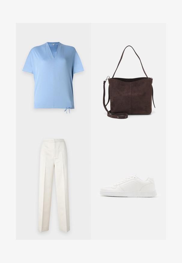 Camisola de manga curta azul clara com decote em V e cordão na bainha. Textura suave e corte descontraído, adequada para uso casual.; Calças creme com um corte ajustado, apresentando perna reta, tecido suave, pregas frontais e barra limpa. Design minimalista.; Sapatilha branca feita de material sintético liso, com bico arredondado, design de atacador, sola plana e detalhes perfurados subtis.; Saco tote em camurça castanha com uma textura suave, apresentando uma única alça de ombro e uma abertura superior levemente curvada. Sem detalhes de hardware visíveis.
