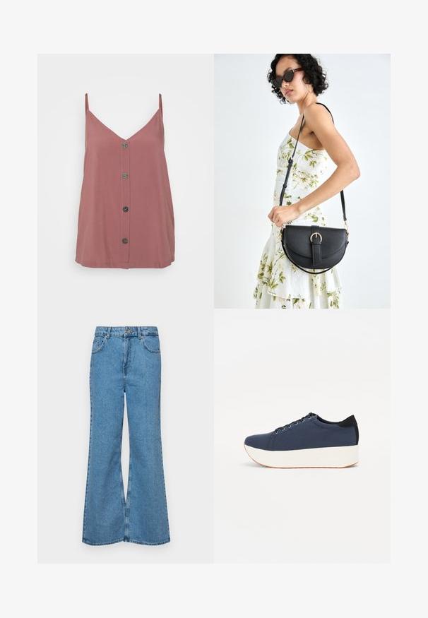 Top sottile color rosa, caratterizzato da scollatura a V, spalline sottili e una chiusura frontale con cinque bottoni rotondi scuri. Texture liscia.; Jeans svasati di un blu chiaro, realizzati in denim, con vita alta, cinque tasche e chiusura a un bottone. Morbido al tatto con una finitura scolorita.; Sneaker blu navy con tomaia in tessuto texturizzato, suola piatta bianca, punta arrotondata e accentuazione nera sul tallone. Presenta sei fori per i lacci.; Borsa a tracolla nera in pelle con una forma curva, manico rimovibile e accessori dorati. La borsa presenta una patta con un dettaglio a fibbia.