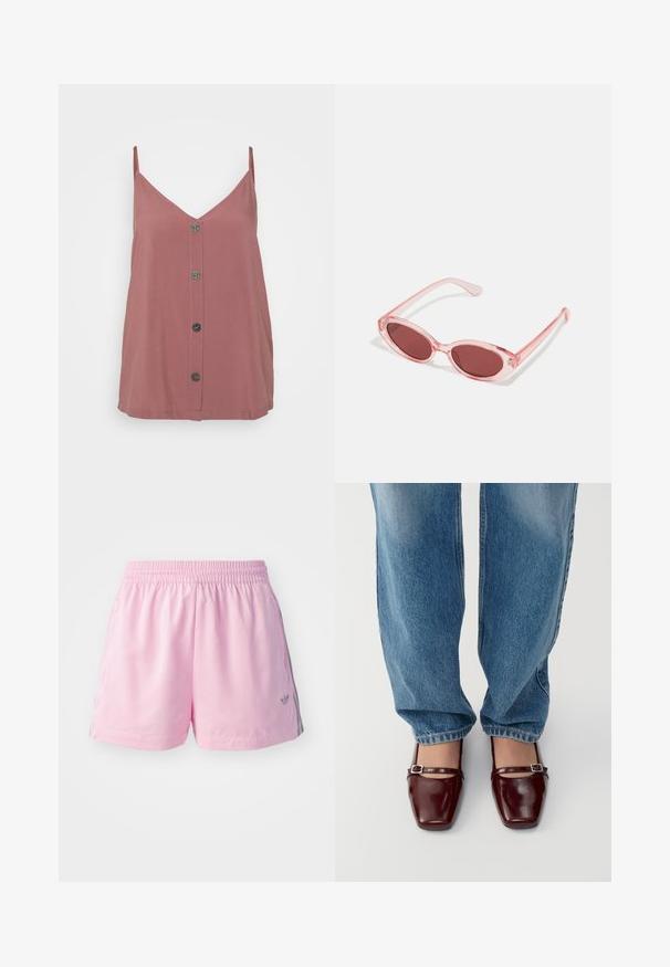 Růžový top na ramínka, který má V-výstřih, tenké ramínka a přední zapínání na pět kulatých tmavých knoflíků. Hladká textura.; Růžové sportovní šortky s elastickým pasem, na bocích s šedým pruhem a malým logem vpředu. Vyrobené z lehkého materiálu.; Burgundské lakované boty se čtveratým špičkou a páskem kolem kotníku, spárované s lehkými modrými volnými džíny. Boty mají lesklý povrch.; Růžové transparentní sluneční brýle s oválnými čočkami, tmavě červeným zabarvením a štíhlými nožičkami, s hladkým povrchem a jemným zdobením na obroučkách.; Stříbrné kruhové náušnice s hladkým, lesklým povrchem. Kulatý tvar a bezpečné zapínání na klip. Lehký design vhodný pro každodenní nošení.