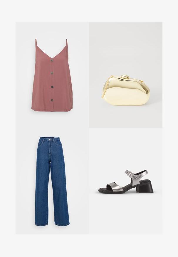 Rozā krāsas kamzolis ar V veida dekoltē, plānām siksnām un priekšējo pogu aizdari, kurā ir piecas apaļas tumšas pogas. Gluda tekstūra.; Platas kājas zila denima bikses ar augstu jostasvietu, priekšējām kabatām un smalku mazgāšanas rakstu. Pabeigtas ar pogu un rāvējslēdzēju.; Sudraba ādas sandales ar atvērtu purngalu, kurām ir plaša priekšējā siksna, potītes siksna ar sprādzi un vidējs kvadrātveida papēdis.; Metāliska zelta maciņš ar gludu, noapaļotu formu, aprīkots ar augšējo pogu aizdari un mazu ķēdes siksniņu ērtai nēsāšanai.