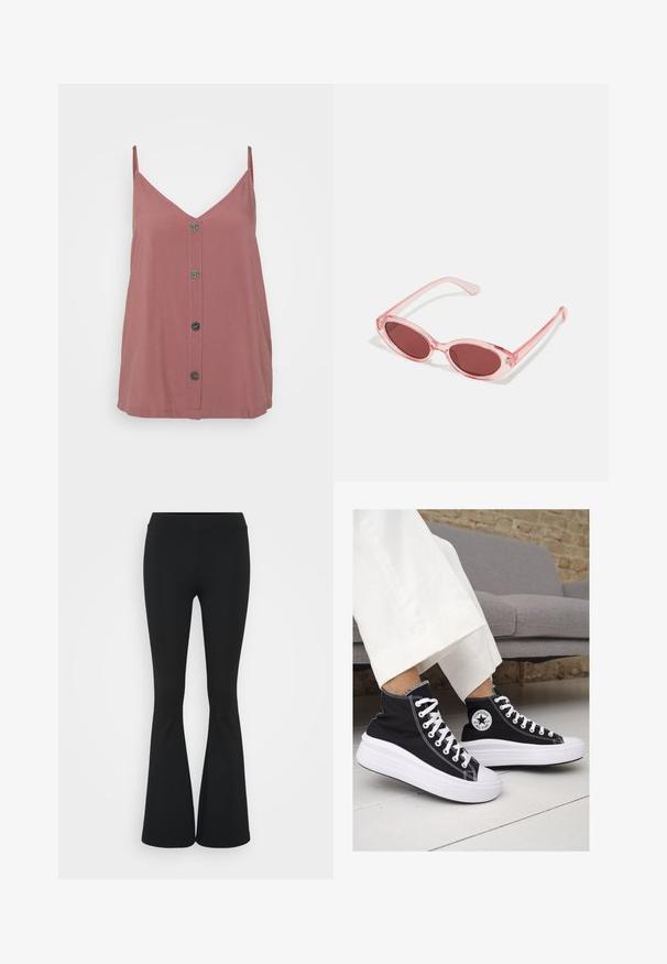 Różowa kamizelka bez rękawów, z dekoltem w kształcie litery V, cienkimi ramiączkami i zapięciem na pięć okrągłych, ciemnych guzików z przodu. Gładka faktura.; Czarne spódnice dzwonowe wykonane z elastycznego materiału, z wysokim stanem i gładką fakturą. Spodnie rozszerzają się od kolana.; Czarne trampki typu high-top z białą gumową podeszwą i sznurowadłami. Posiadają okrągłe logo z boku oraz kontrastujące białe szwy.; Różowe, przezroczyste okulary przeciwsłoneczne z owalnymi soczewkami, ciemnoczerwonym odcieniem i smukłymi ramionami, charakteryzujące się gładkim wykończeniem i subtelnymi detalami na oprawie.